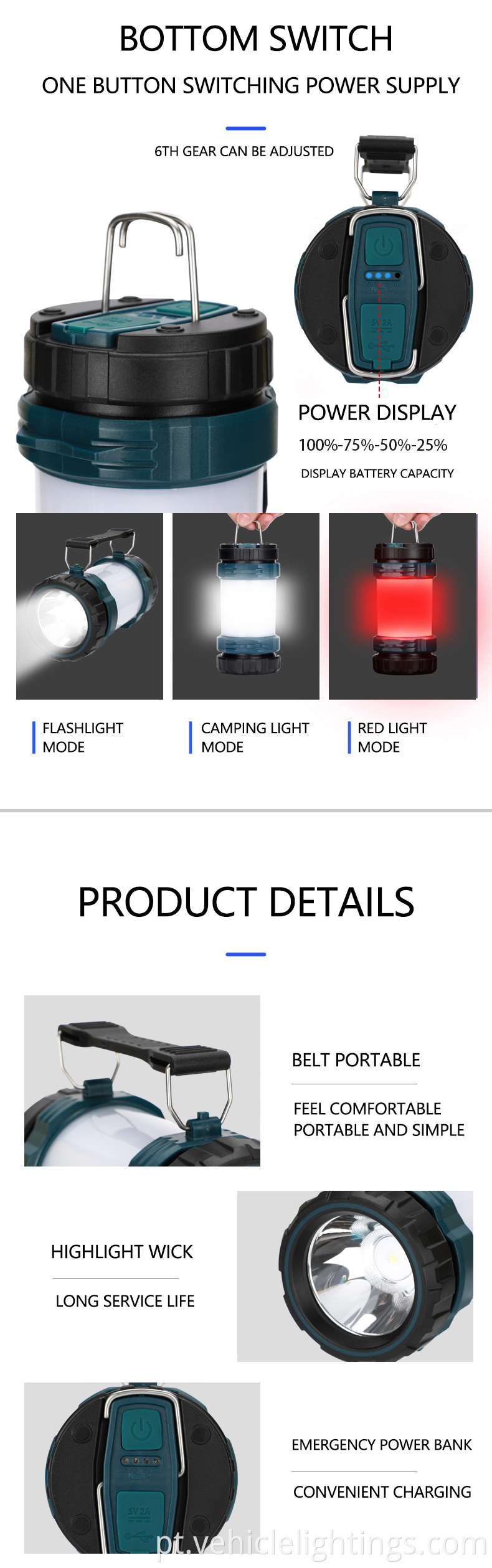 Super Banco de Energia Recarregável Super Bright Recargável 6 Modos LED Camping de lanterna com lanterna de acampamento